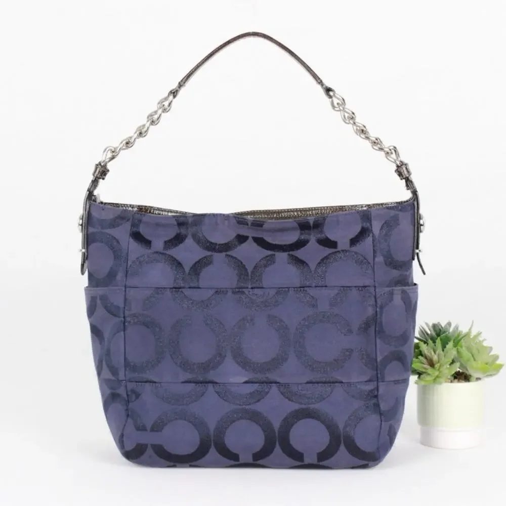 Coach Navy Blue Glitter Signature C Canvas Leather Shoulder Bag